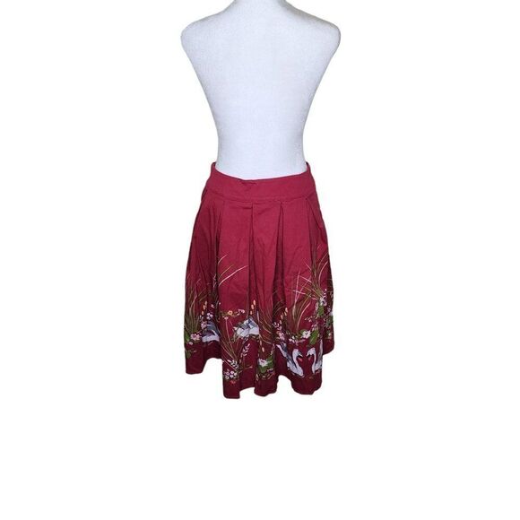 Lindy Bop Retro Circle Swing Skirt Swans Floral Womens Size 6 Red Pinup - Picture 5 of 9